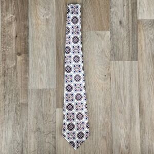 The Custom Shop‎ Silk Tie Red Navy Blue Geometric Medallion Hand Tailored USA